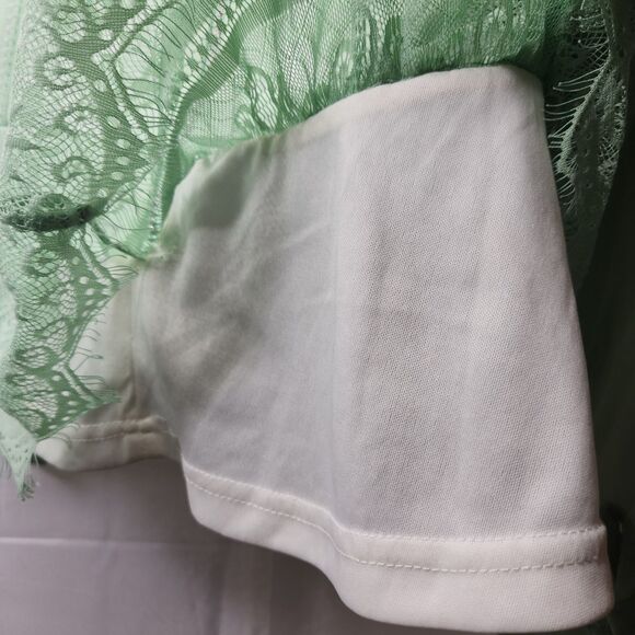 Sweet Rain Floral Lace Peplum Blouse Sheer Long Sleeves Soft Green Sz. L Fairy - Picture 9 of 9